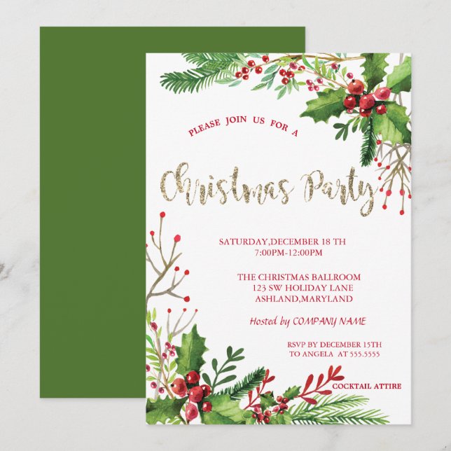 Stylish Holly Berries Company Christmas Party Invitation (Front/Back)