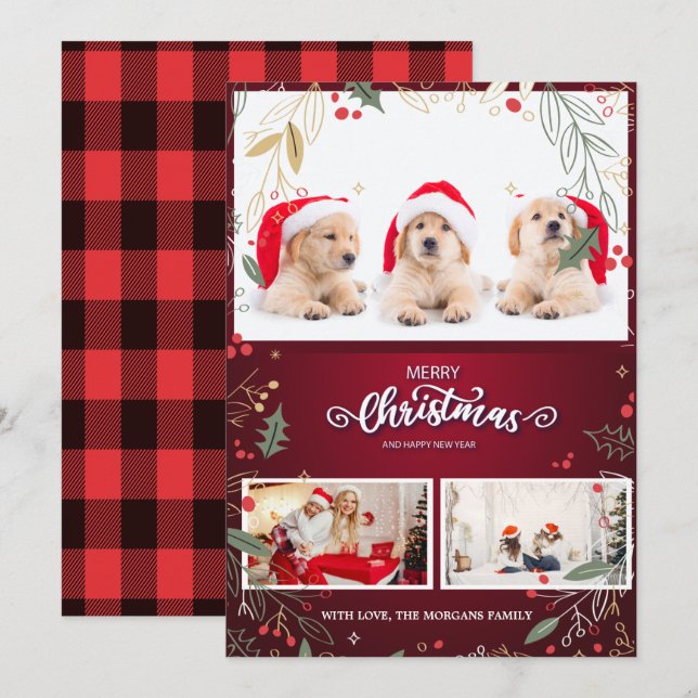 Stylish Holly Berries Red Buffalo Plaid,Your Photo Invitation (Front/Back)