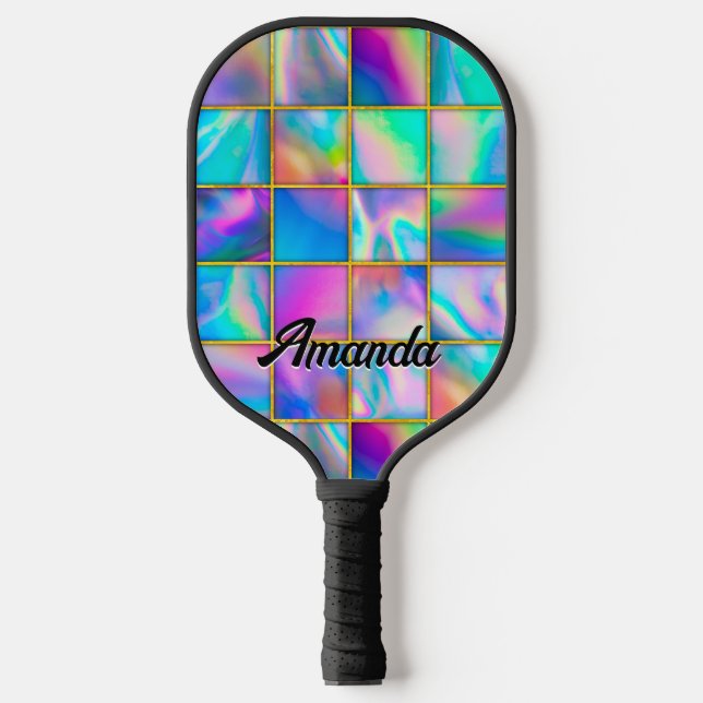 Stylish holographic trendy faux gold geometric pickleball paddle (Front)