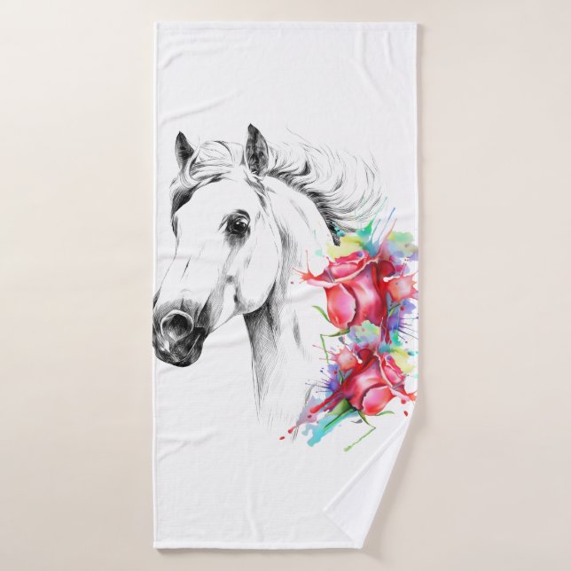 Stylish horse towel set with water color flowers (Bath Towel)