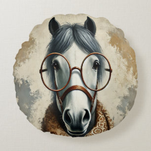 Stylish Horse with Glasses – Funny Vintage Art Round Pillow