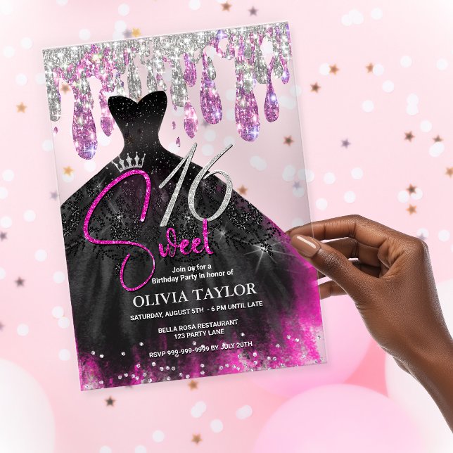 Stylish hot pink black dress sweet 16 monogram  acrylic invitations (Creator Uploaded)