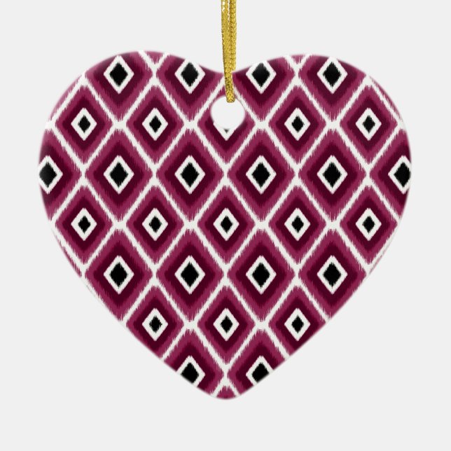Stylish Hot Pink Black Ikat Pattern Ceramic Ornament (Front)