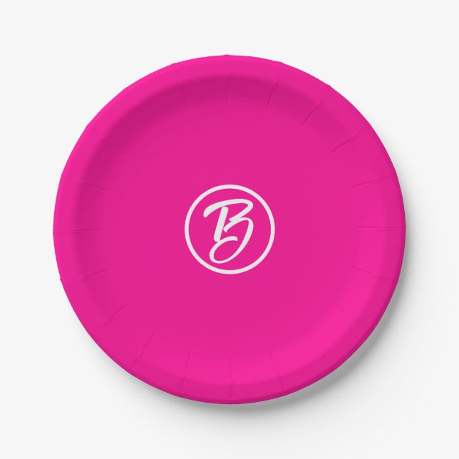 Stylish Hot Pink Circle Monogram Paper Plate (Front)
