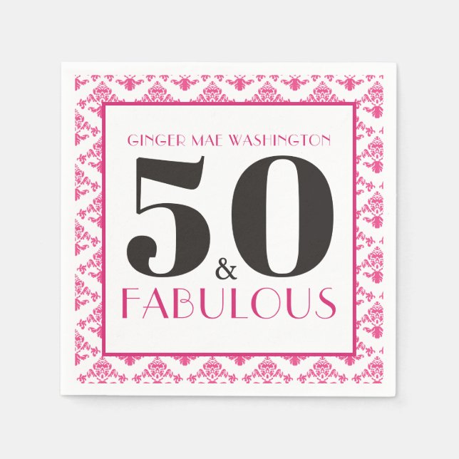 Stylish Hot Pink Damask 50th Birthday Party Napkin (Front)