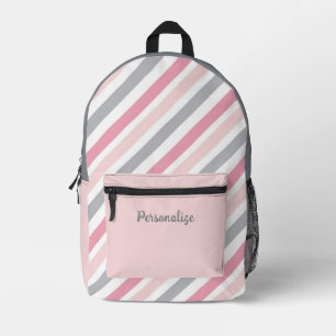 Stylish Hot Pink & Grey Angled Stripes Personalize Printed Backpack