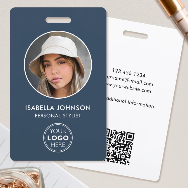 Stylish ID Photo Logo QR Code Slate Blue Security Badge (Creator Uploaded)