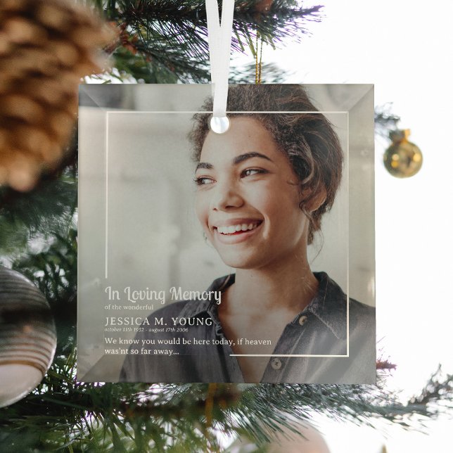 Stylish In Loving Memory Memorial Photo & Quote Glass Ornament (Creator Uploaded)