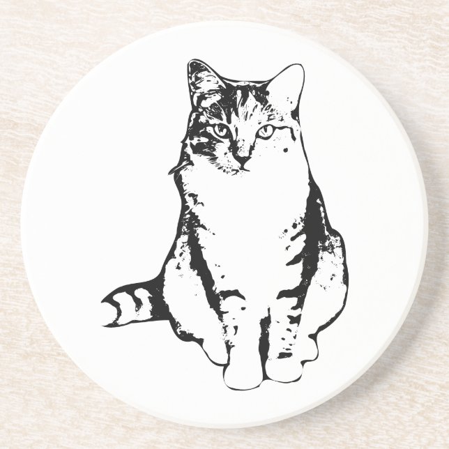 Stylish Ink Front‑Facing Tabby Cat Coaster (Front)