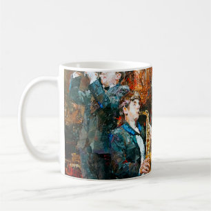 Stylish jazz band playing music on the scene, back coffee mug