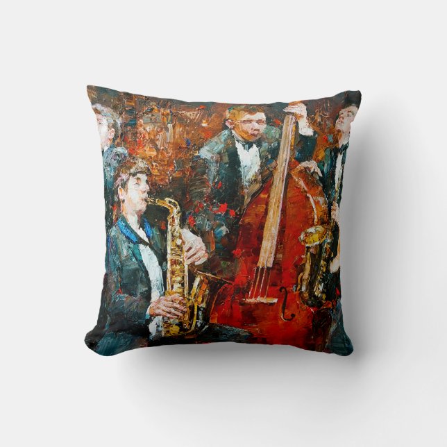 Stylish jazz band playing music on the scene, back throw pillow (Front)