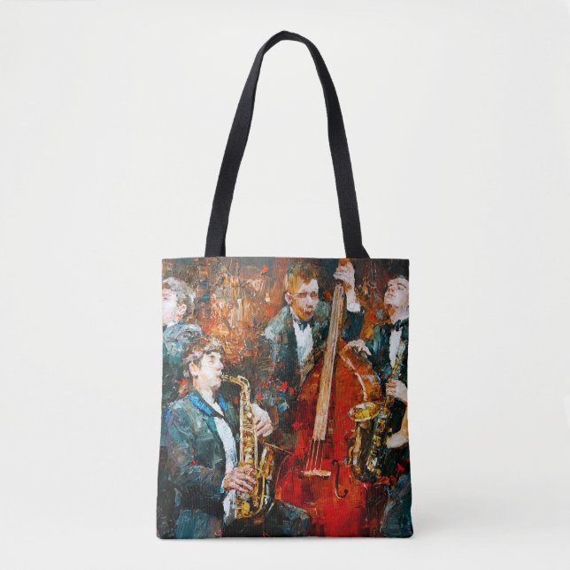 Stylish jazz band playing music on the scene, back tote bag (Front)