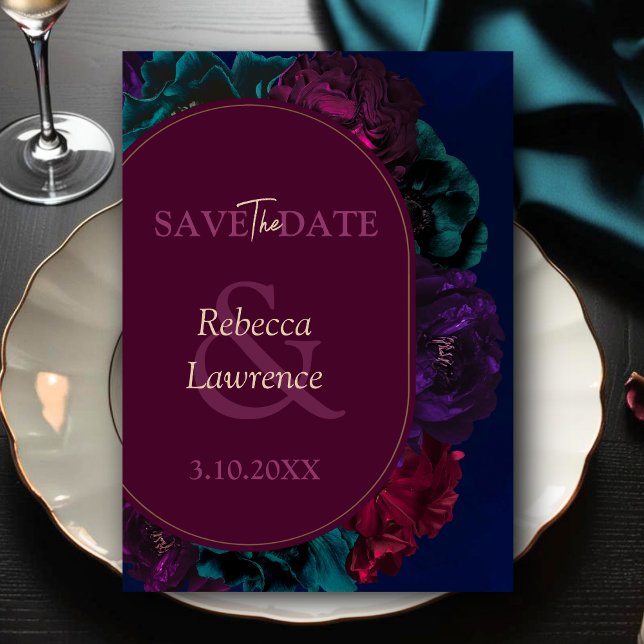 Stylish jewel tones floral burgundy navy wedding  save the date (Creator Uploaded)