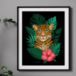 Stylish Jungle Leopard Floral Art | Green Black Poster<br><div class="desc">This stunning art print poster features a hand drawn leopard,  with tropical jungle leaves and a bright pink hibiscus flower over a custom colour background (shown in black). Modern,  beautiful,  and unique - makes a great gift! *Artwork / Illustration by Tracey Khalei / Orabella Prints</div>