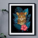 Stylish Jungle Leopard Floral Art | Navy Blue Poster<br><div class="desc">This stunning art print poster features a hand drawn leopard, with tropical jungle leaves in shades of blue, as well as a bright pink hibiscus flower, over a custom colour background (shown in navy blue). Modern, beautiful, and unique - makes a great gift! *Artwork / Illustration by Tracey Khalei /...</div>