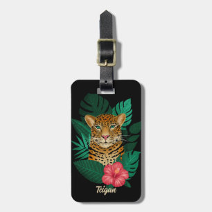 Stylish Jungle Leopard Floral Name Kids   Black Luggage Tag