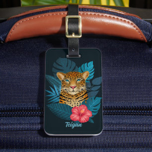 Stylish Jungle Leopard Floral Name Kids   Blue Luggage Tag