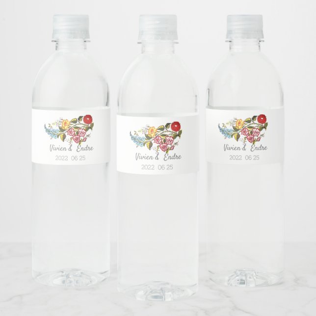 Stylish Kalocsai  florals - personalized wedding Water Bottle Label (Bottles)