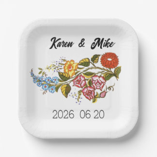 Stylish Kalocsai flowers - personalized wedding Paper Plate