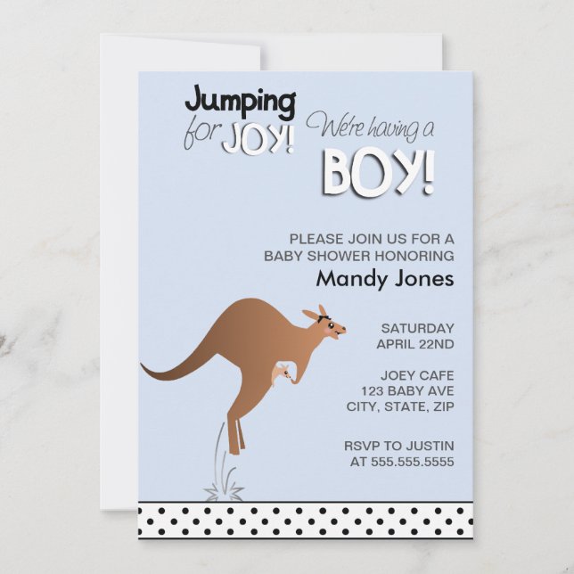 Stylish Kangaroo Jumping for Joy Boy baby shower Invitation (Front)