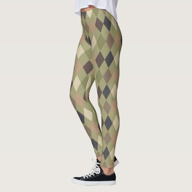 Stylish Khaki Green and Brown Diamond Pattern Leggings (Left)