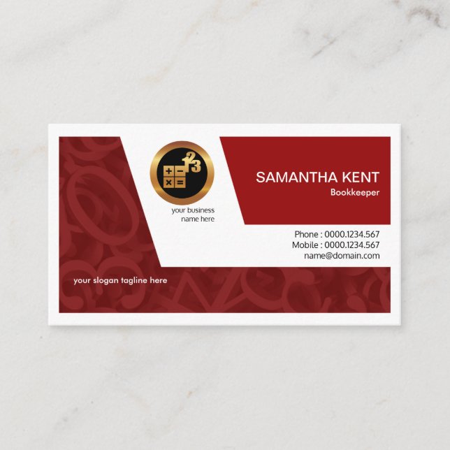 Stylish Large Creative Red Numbers Bookkeeper Business Card (Front)