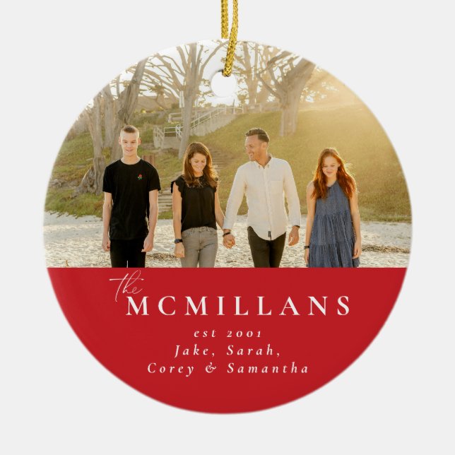 Stylish Last Name Holiday Pattern Christmas  Ceramic Ornament (Front)