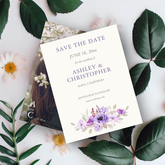 Stylish Lavender Floral Bouquet Photo Wedding Save The Date (Creator Uploaded)