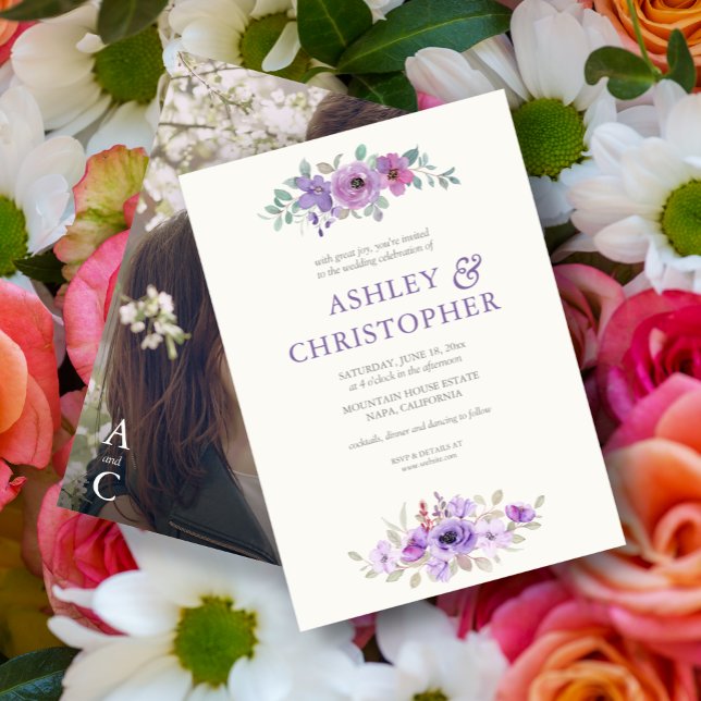 Stylish Lavender Watercolor Floral Photo Wedding Invitation (Creator Uploaded)