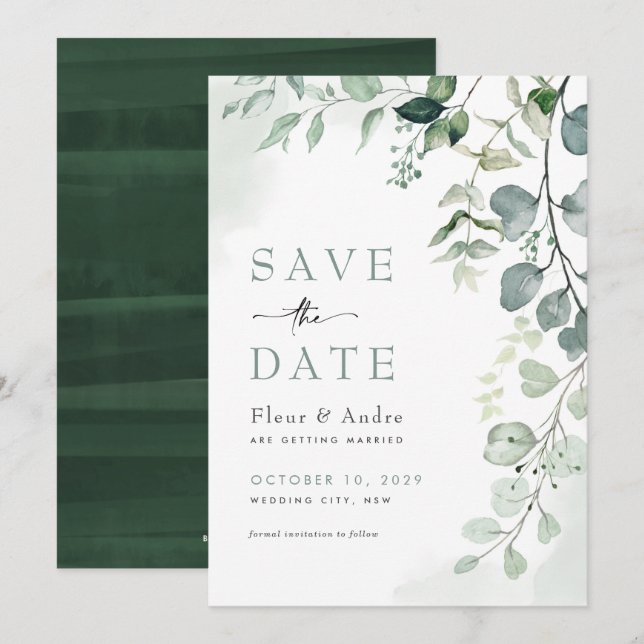Stylish Leafy Greenery Wedding Save the Date Invitation (Front/Back)