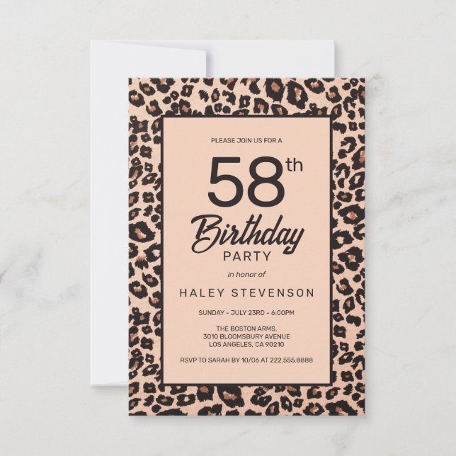 Stylish Leopard Animal Print Trendy 58th Birthday Invitation (Front)