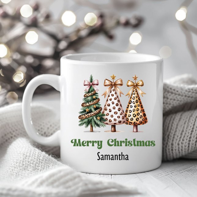 Stylish Leopard Christmas Trees Custom Name Mug (Stylish Leopard Christmas Trees Custom Name Mug)