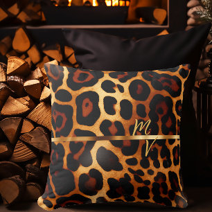Stylish Leopard Print and Gold Monogrammed  Throw Pillow