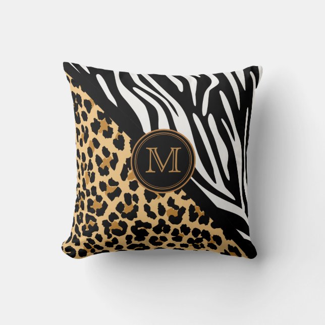 Stylish Leopard Print and Zebra Print Monogram Throw Pillow (Front)