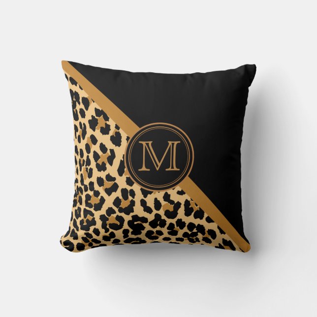 Stylish Leopard Print Custom Monogram Throw Pillow (Front)
