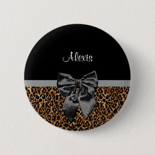 Stylish Leopard Print Elegant Black Bow and Name 2 Inch Round Button