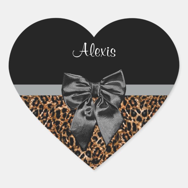 Stylish Leopard Print Elegant Black Bow and Name Heart Sticker (Front)