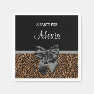 Stylish Leopard Print Elegant Black Bow and Name Napkin
