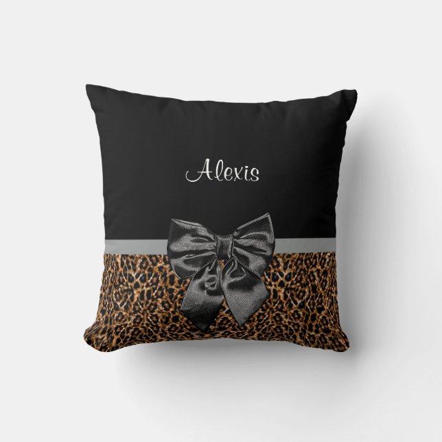 Stylish Leopard Print Elegant Black Bow and Name Throw Pillow (Front)