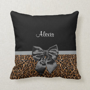 Stylish Leopard Print Elegant Black Bow and Name Throw Pillow
