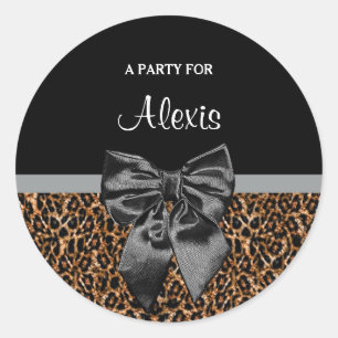 Stylish Leopard Print Elegant Black Bow Party Name Classic Round Sticker
