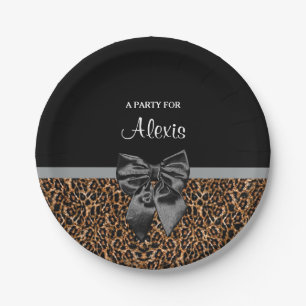 Stylish Leopard Print Elegant Black Bow Party Name Paper Plate