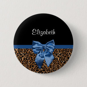 Stylish Leopard Print Elegant Blue Bow and Name 2 Inch Round Button
