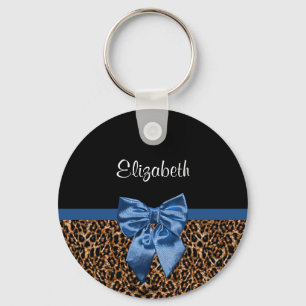 Stylish Leopard Print Elegant Blue Bow and Name Keychain