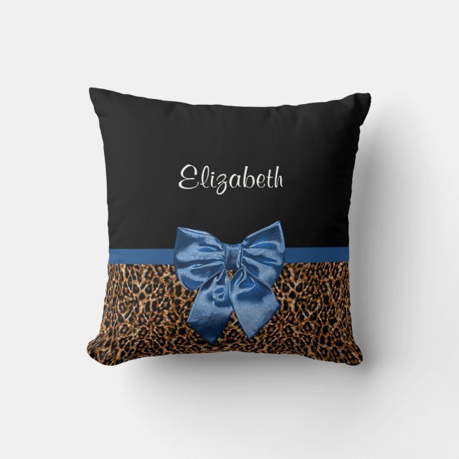 Stylish Leopard Print Elegant Blue Bow and Name Throw Pillow (Front)