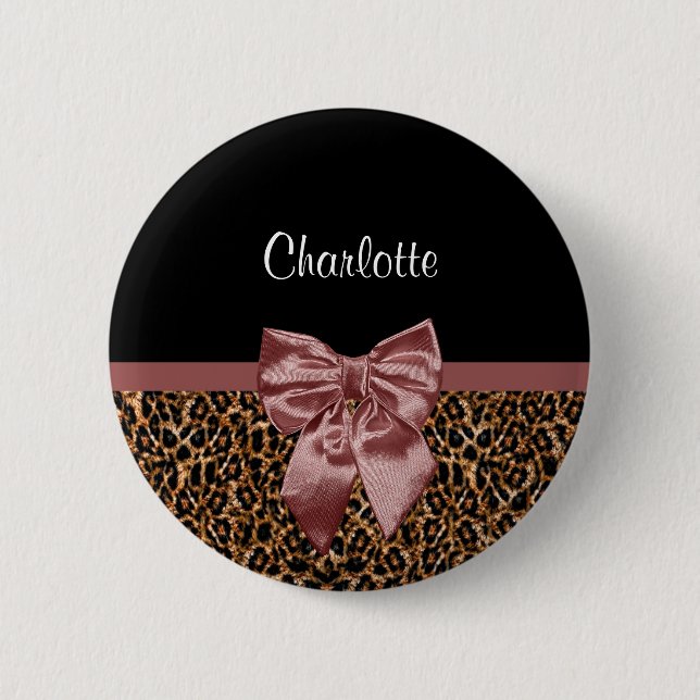 Stylish Leopard Print Elegant Brown Bow and Name 2 Inch Round Button (Front)