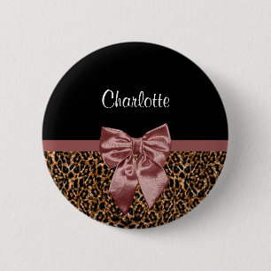 Stylish Leopard Print Elegant Brown Bow and Name 2 Inch Round Button