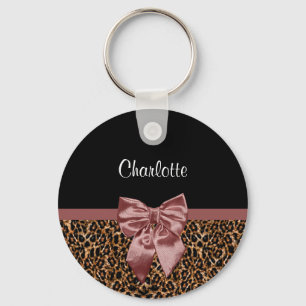 Stylish Leopard Print Elegant Brown Bow and Name Keychain