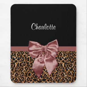 Stylish Leopard Print Elegant Brown Bow and Name Mouse Pad