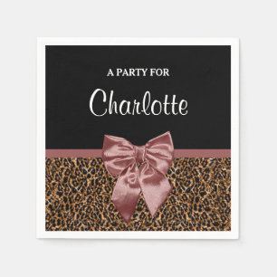 Stylish Leopard Print Elegant Brown Bow and Name Napkin
